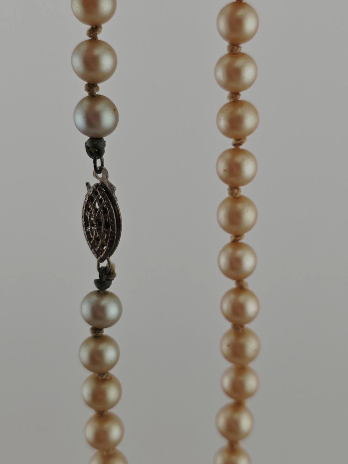 ​Vintage Hand Knotted Glass Pearl Necklace Sterling Silver Filigree Clasp 16″