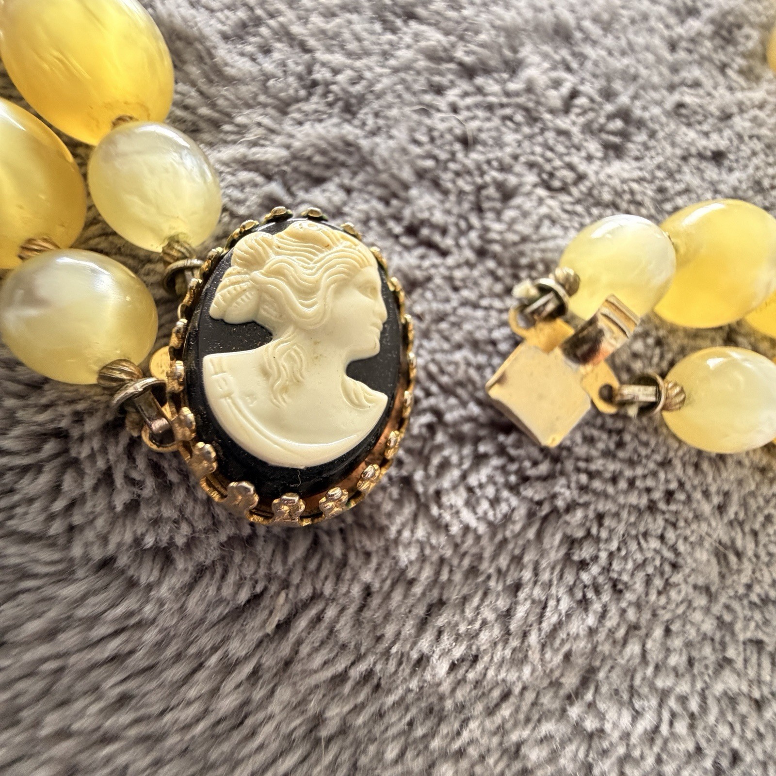 Cameo Necklace Butterscotch Vintage 1950s Yellow Lucite Double Strand