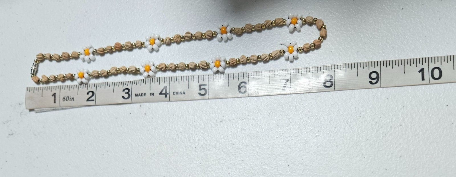 Handcrafted Retro Daisy Beaded Necklace Wood Metallic Beads 60s 70s Fashion