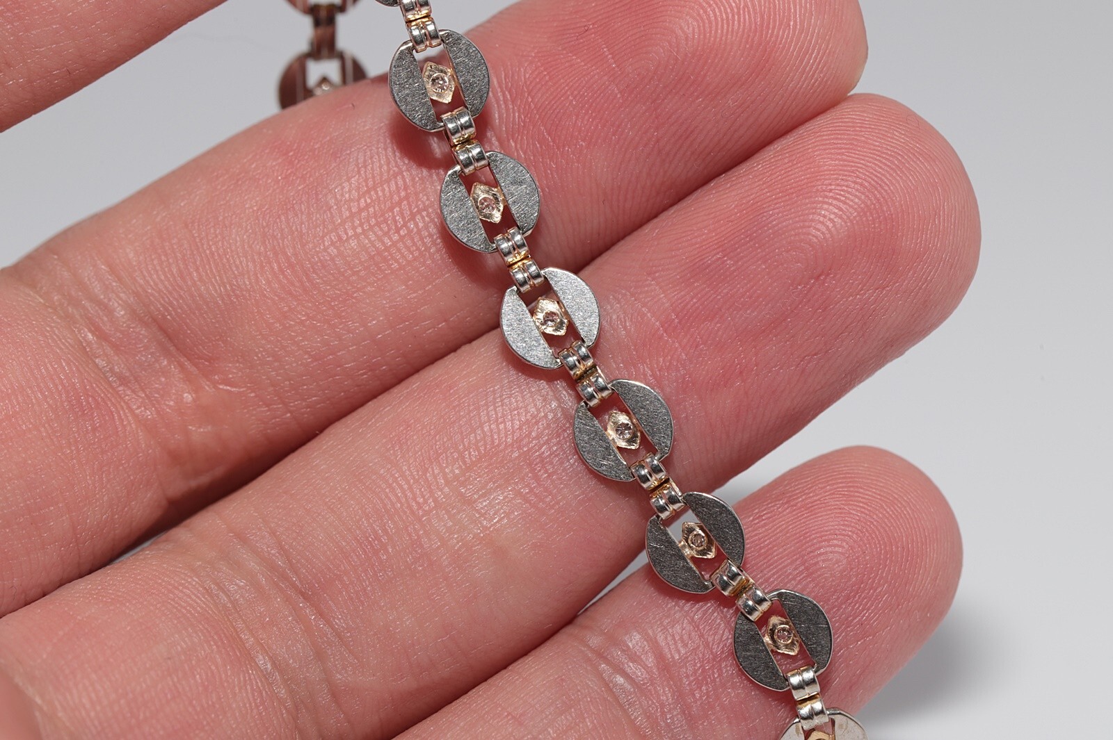 Antique Circa 1920s Art Deco 14k Gold Natural Diamond Decorated Tennis Bracelet