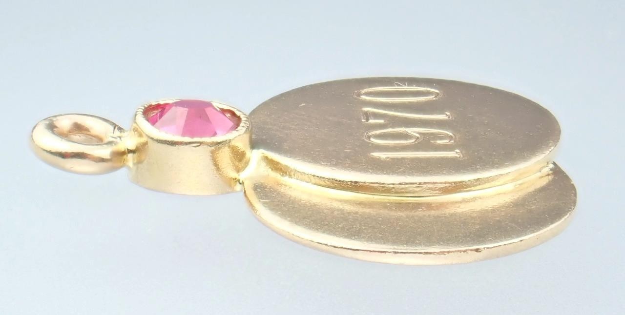 Pretty Vintage Solid 14K Gold Lab Created Ruby Medallions ‘1970’ Charm Pendant