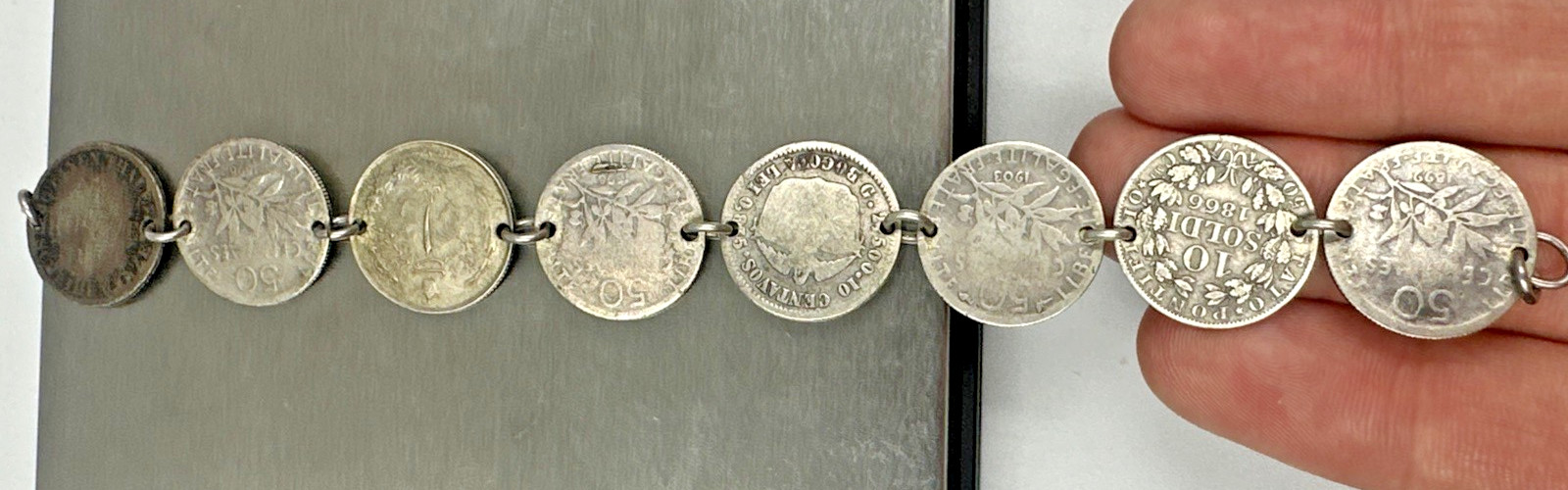 Antique Multinational Coin Link Silver Bracelet Years 1853 – 1903 19g Sz 6.25