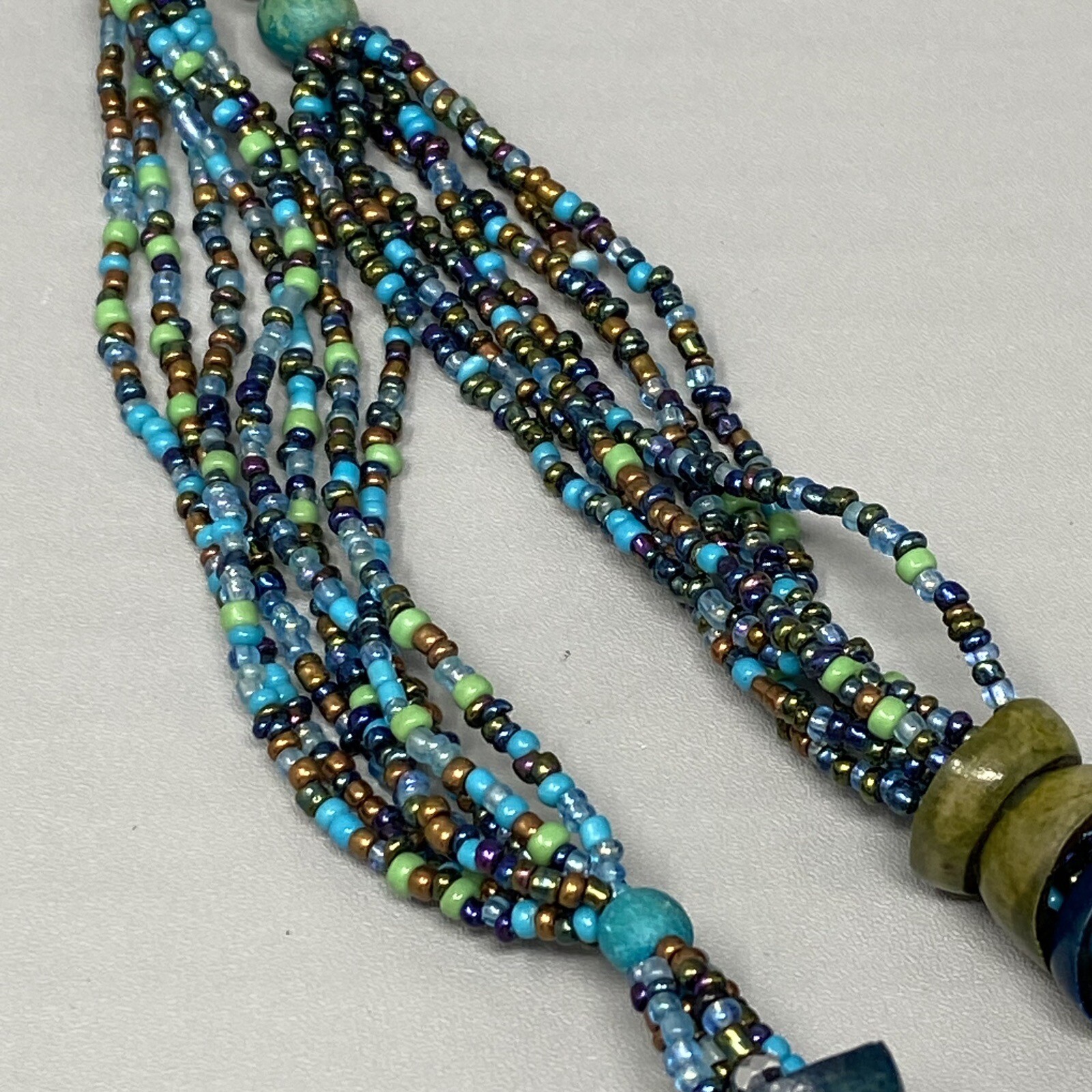 Boho Necklace Vintage Blue Multicolor Seed Bead Dyed Nut Multi Strand Collar 19″