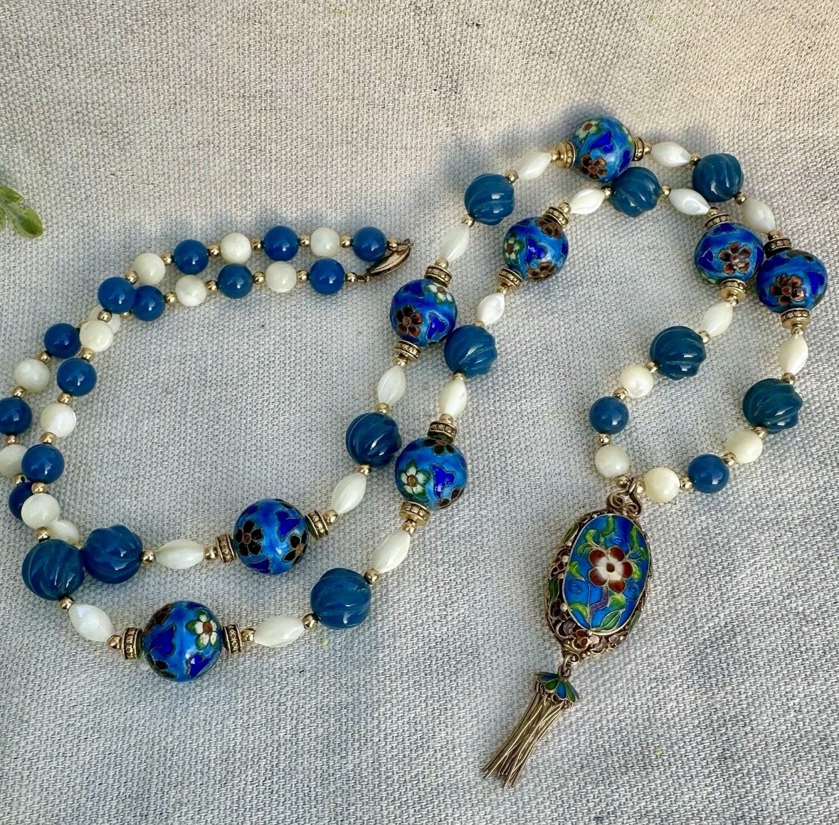 36” Vtg Cloisonné Pendant Tassel Beaded Necklace Mother Of Pearl Chinoiserie