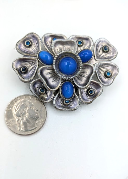 Vintage Brooch Dress Clip Art Deco Blue Cabochon Fur Clip Silver Tone