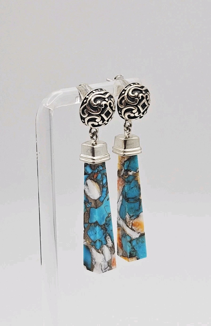 BBJ Sterling Silver Turquoise & Spiney Oyster Shell Dangle Earrings 2.20″