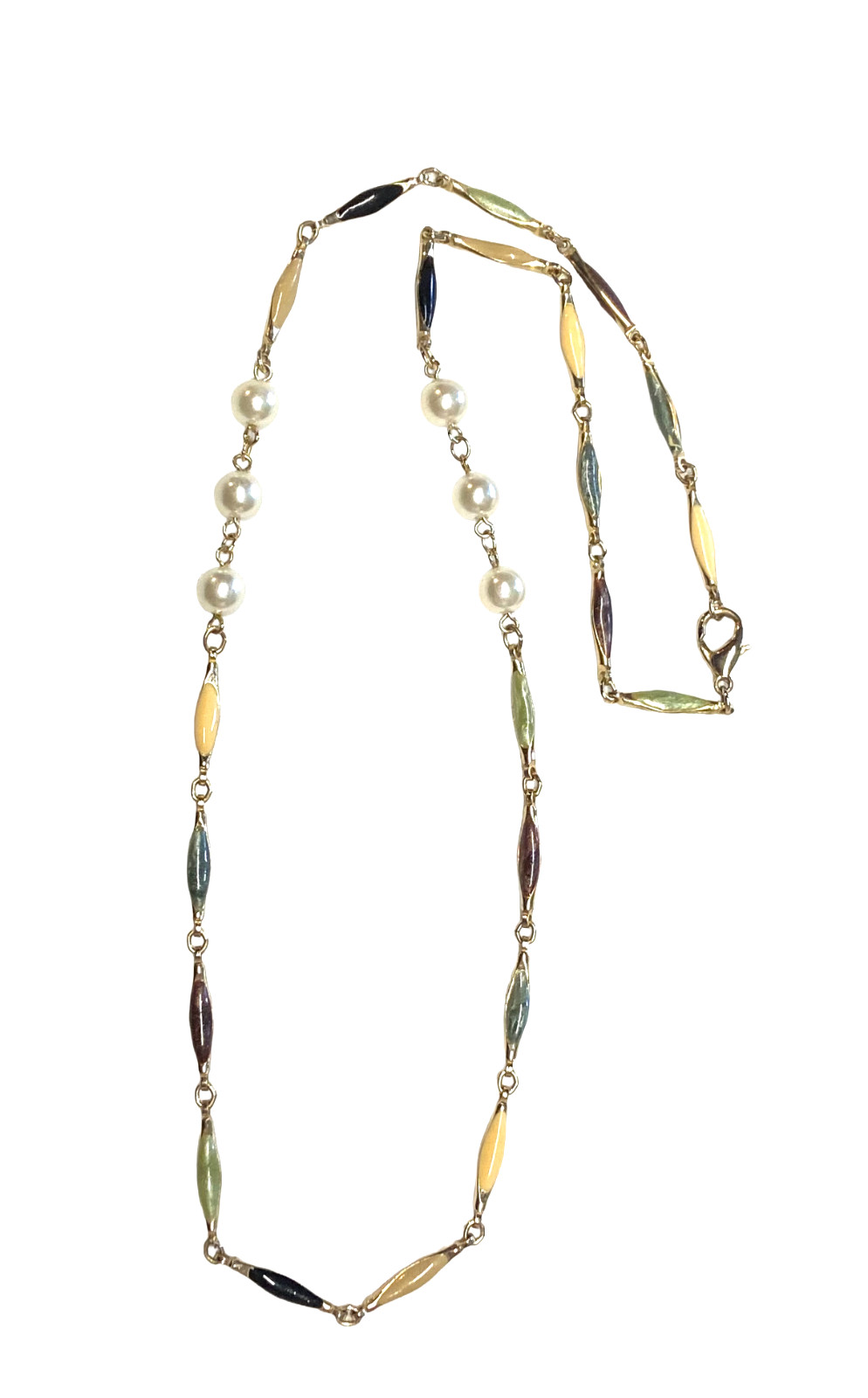 Vintage Gold Tone Multicolor Enamel Bar Link Elliptical Faux Pearl Necklace 25″