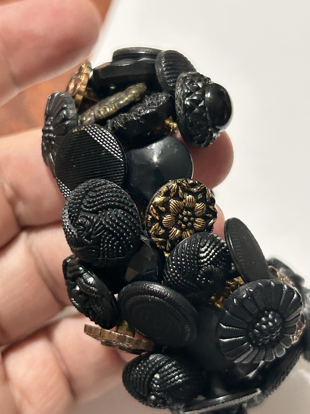 VTG 70s Mid-Century Buttons Treasure Bracelet Crochet Black/Gold Victorian Style