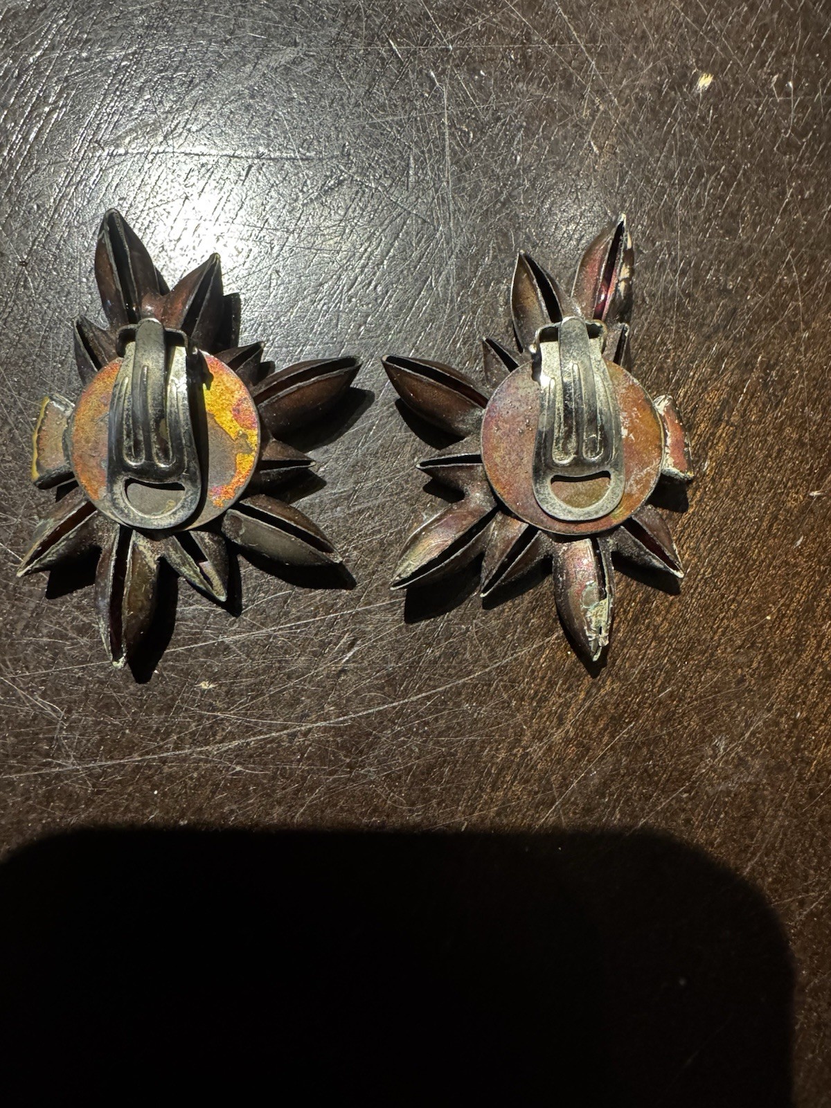Vintage Brass Leaf Starburst Clip On Earrings Trillion Cut Rhinestone Cluster