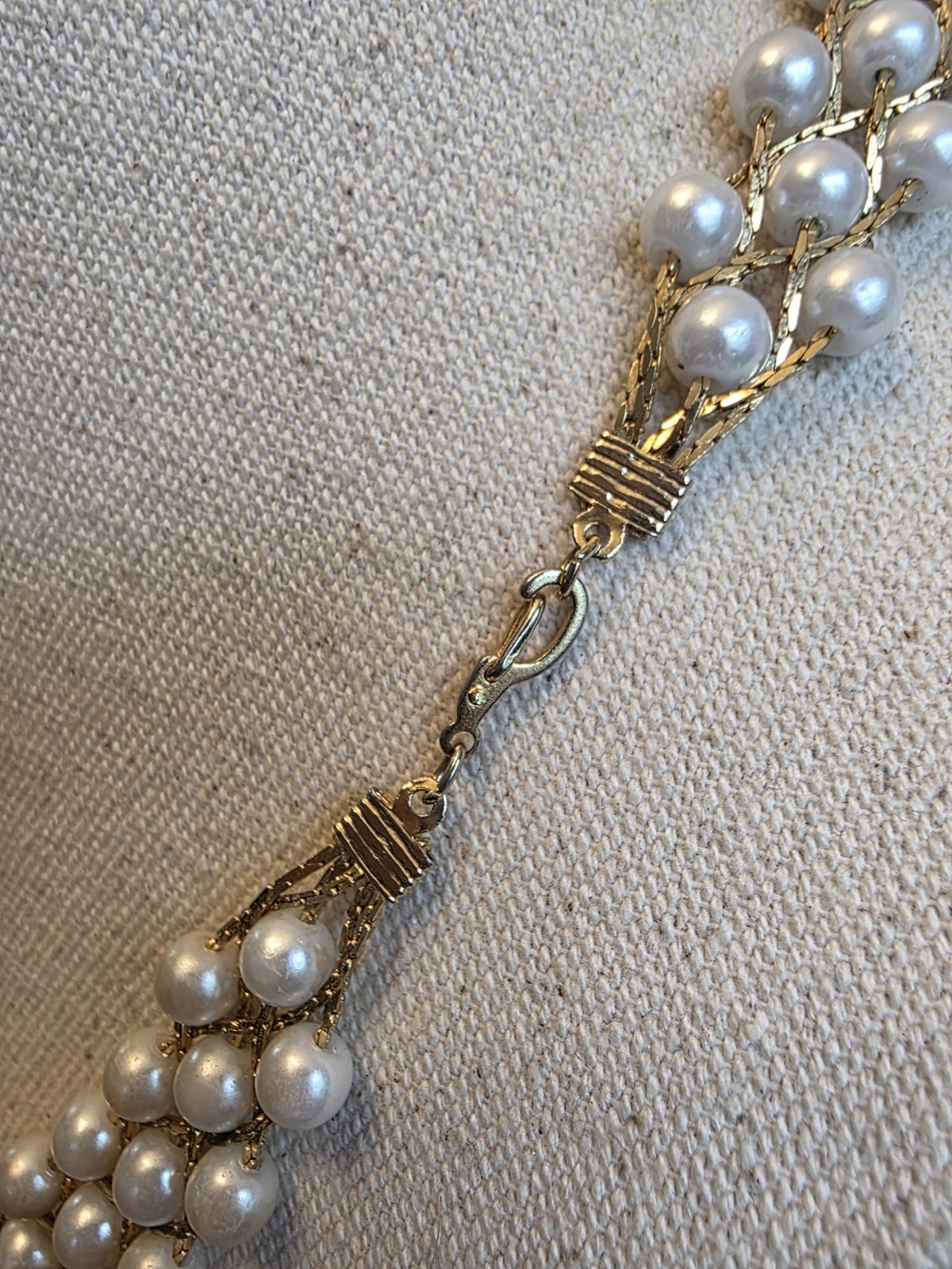 Vintage Braided Pearl and Gold Woven Necklace with J Hook Spring Clasp