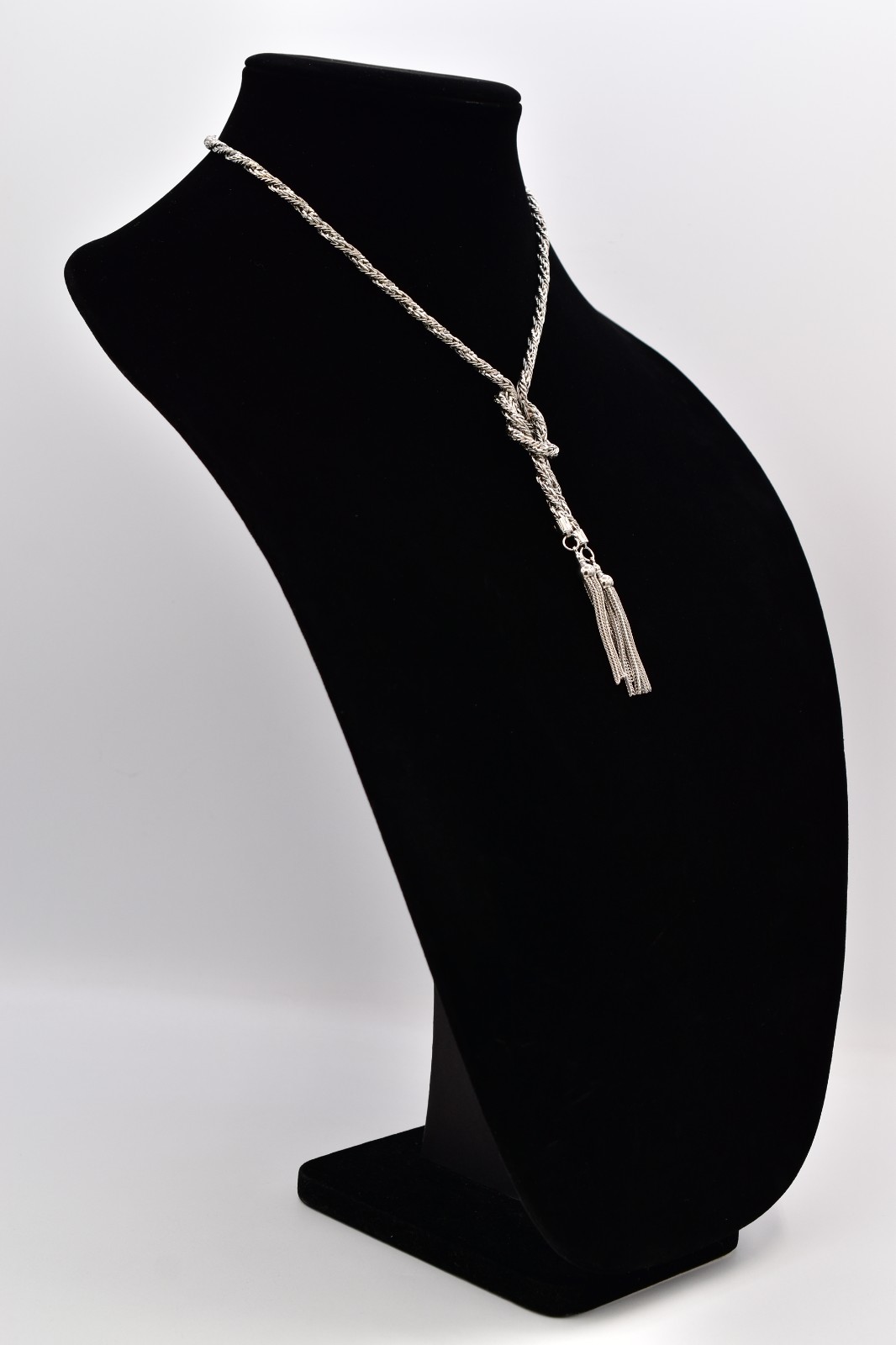 Vintage Silver Rope Knot Tassel Chain Necklace Statement Pendant 1980s BinBE