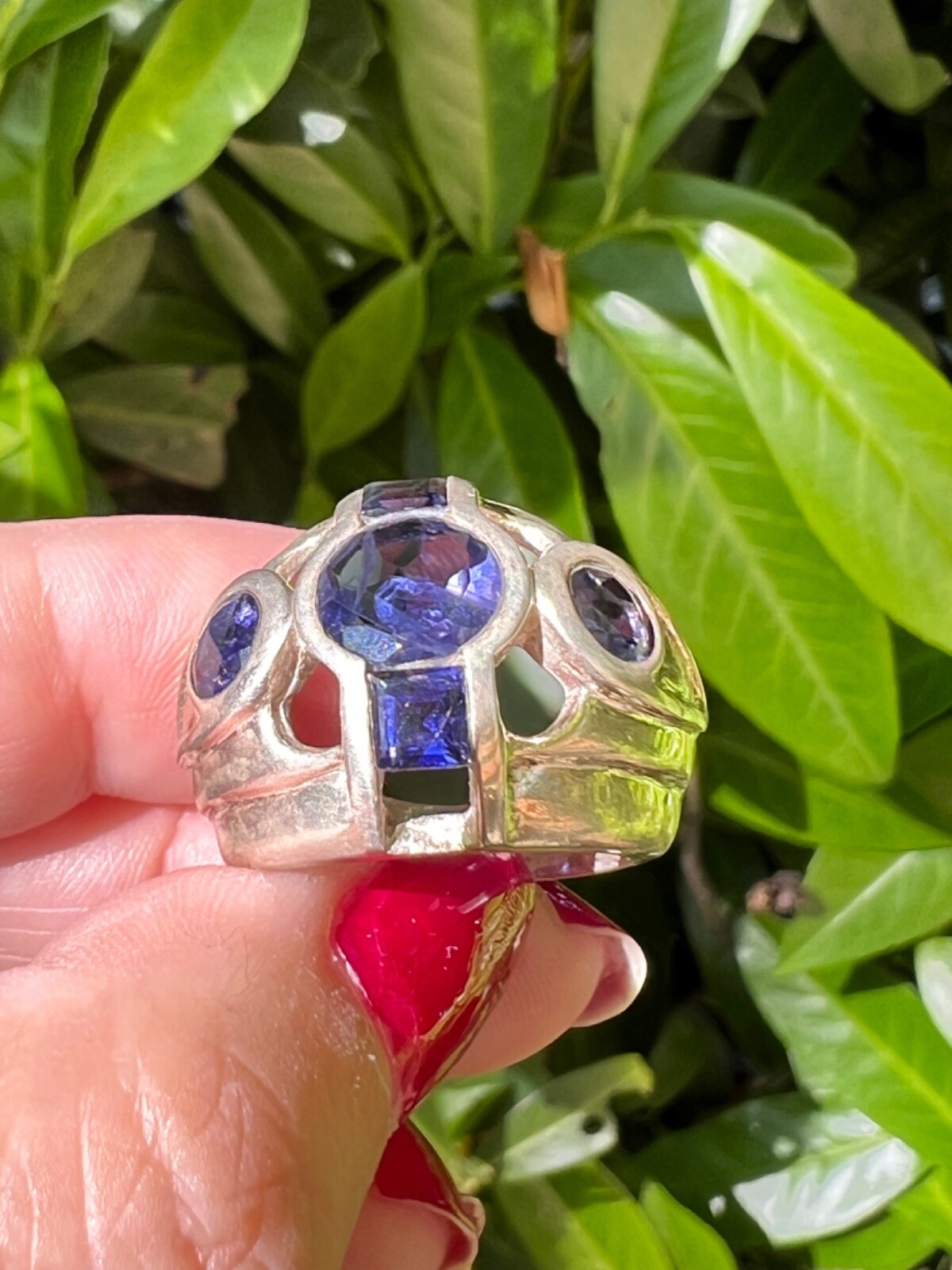 VINTAGE TANZANITE & IOLITE WIDE BAND RING 925 STERLING SLVER UNIQUE HEAVY CHUNKY