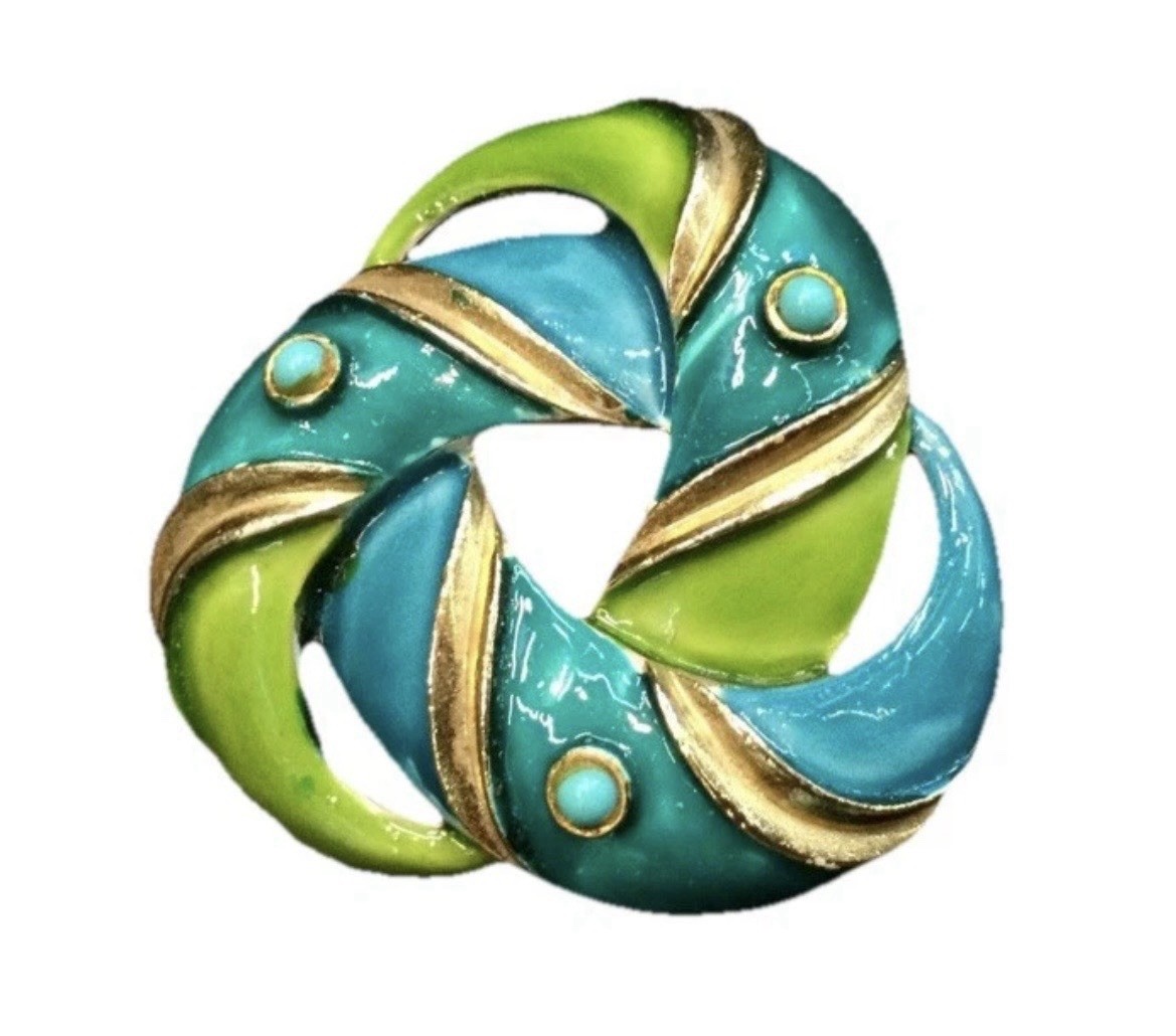 Vintage Signed Lisner Lime Green Turquoise Enamel Brooch Pin