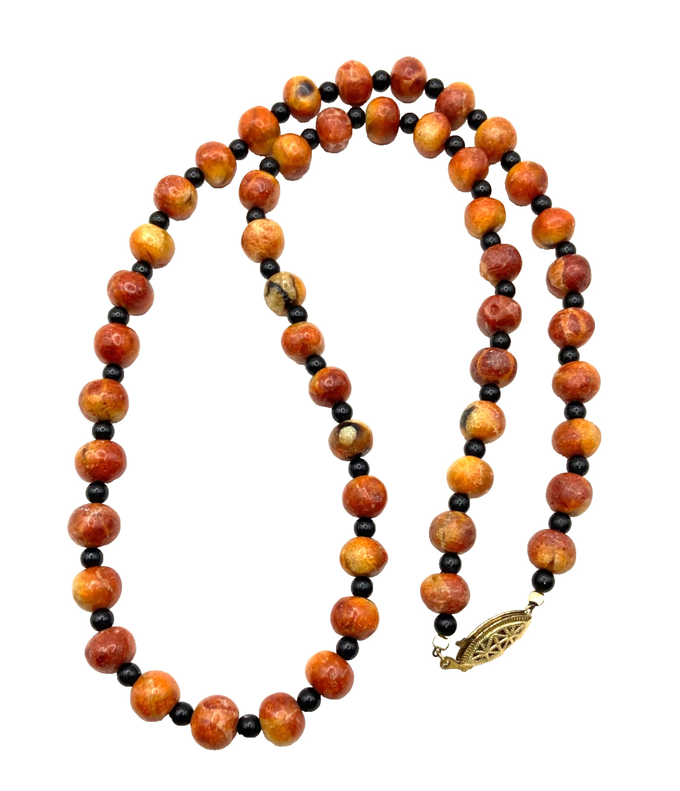 Vintage Apple Sponge Coral Red/Orange Beaded Necklace Black Agate? Gold Tone 24″