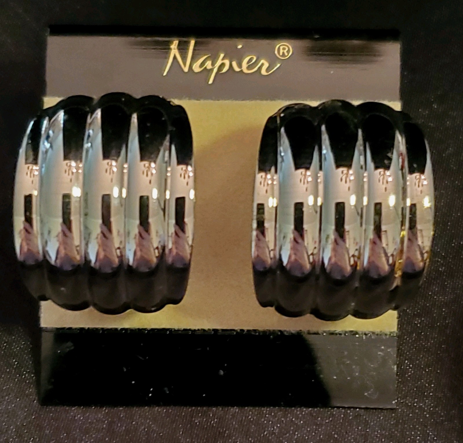 NAPIER Vtg Earring Set, Adjustable Clip- on Hoops, 1 Silver & 1 Gold, Embossed