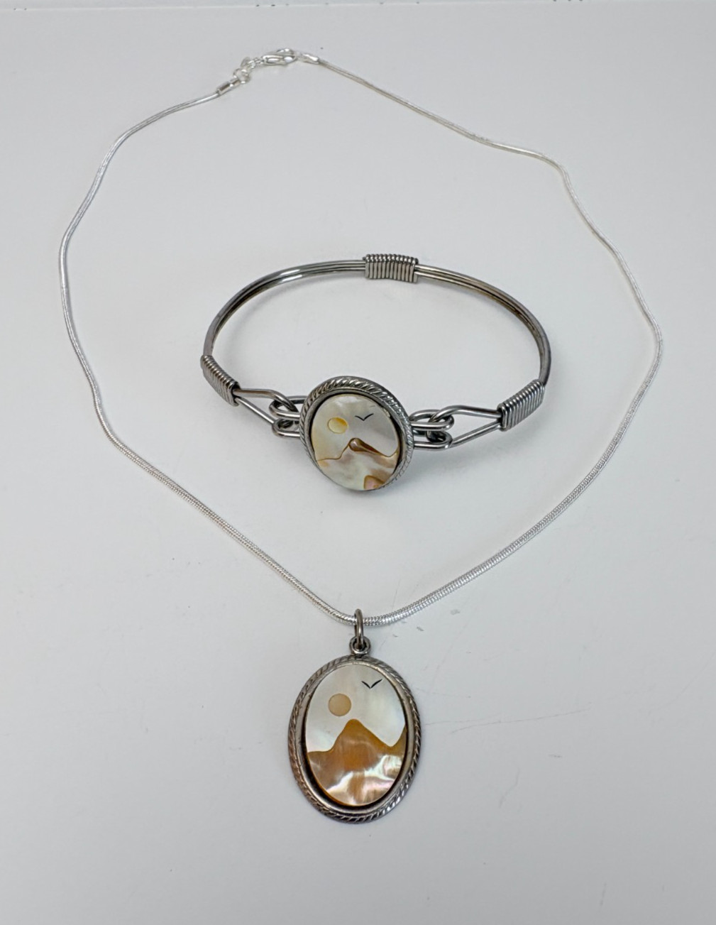 VTG MOP Abalone Mountain Scene Hinged Bracelet & Pendant w/ .925 Silver Necklace