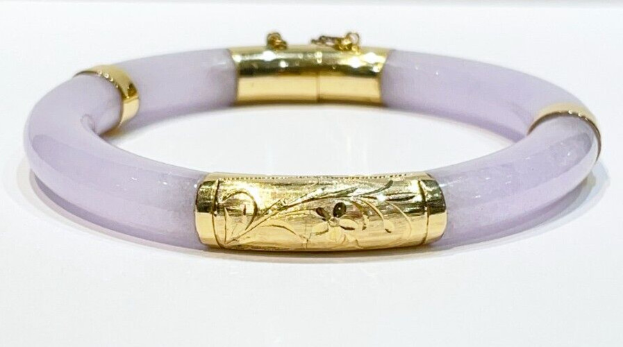 Vintage Lavender Jade Hinged 14k Yellow Gold Bangle Bracelet 8.4 mm 7″ inch
