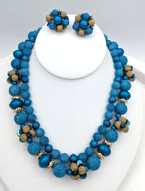Vintage JAPAN Necklace Earring Set Blue Sugar Bead Floral Cluster
