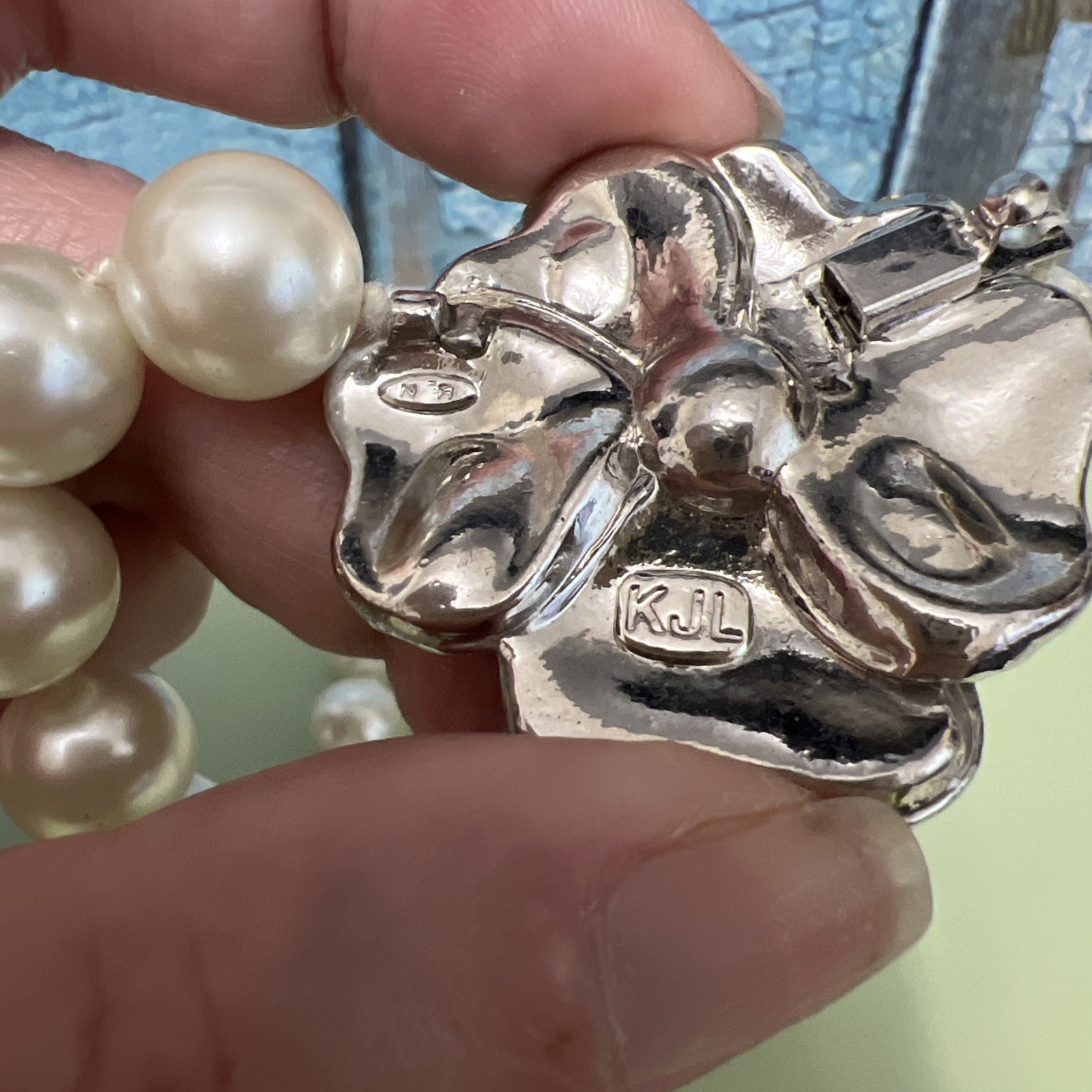 Vintage Signed KJL Large Pearl Necklace Choker With Rhinestone Flower Rose Clasp