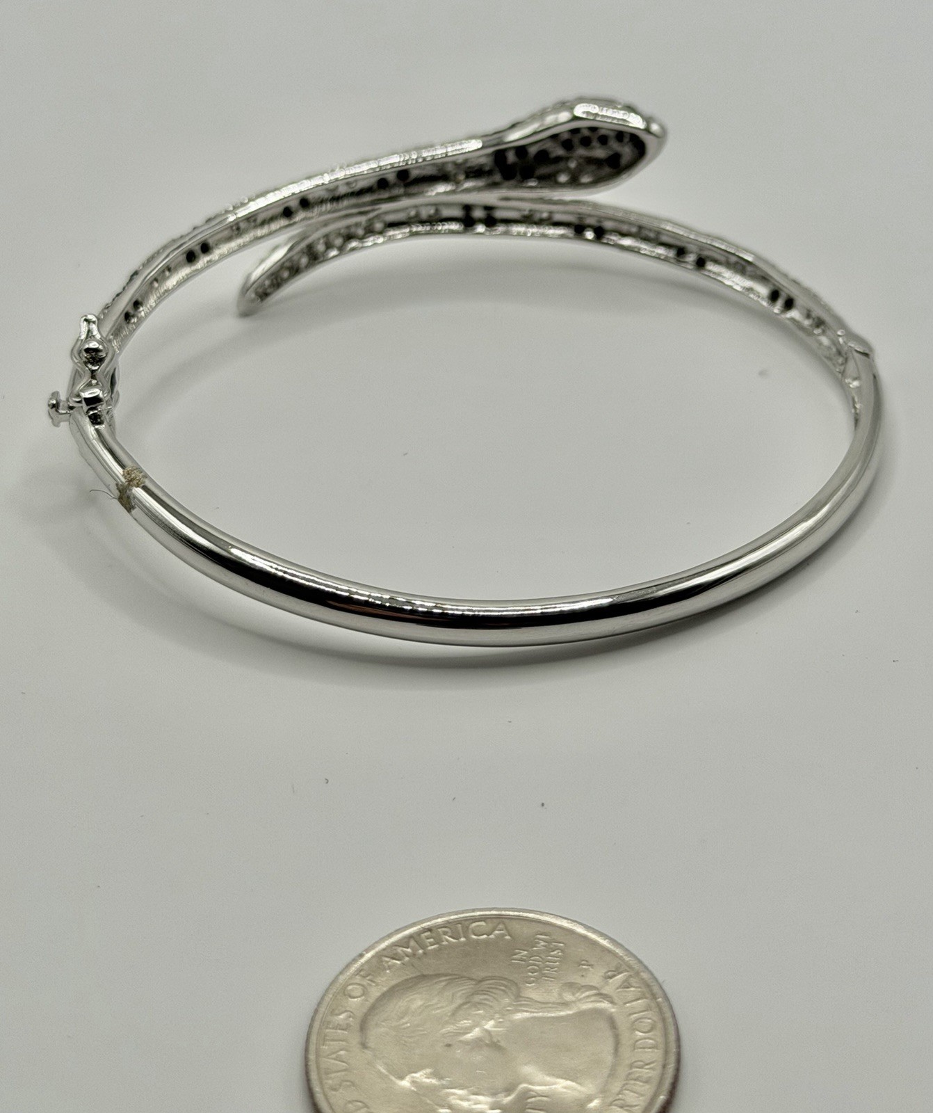 Vintage Black & Clear Crystal Hinged SNAKE Sterling Bangle Bracelet 7 3/4”