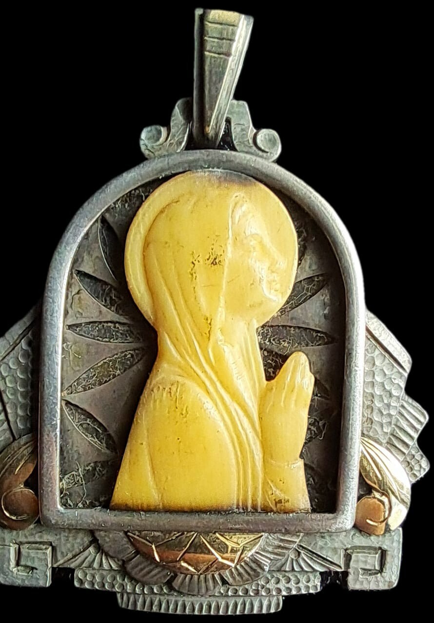 Fine Antique Art Deco Silver & Gold Madonna in Sorrow Virgin Mary Pendant C 1930