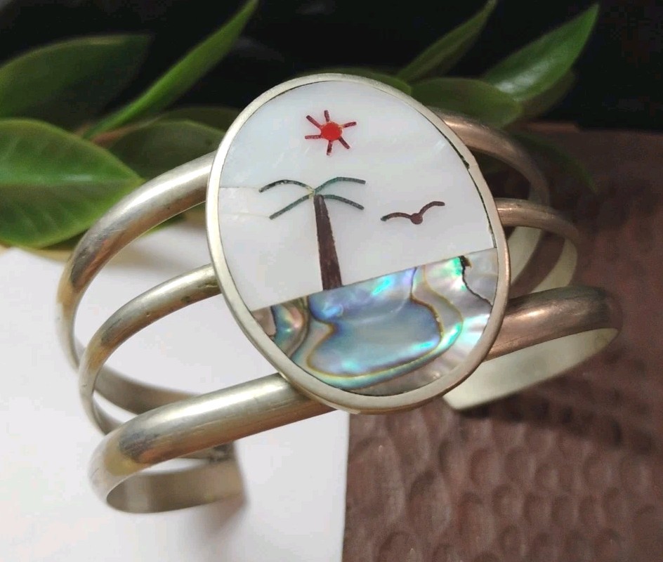 Vintage ABALONE/Mop Inlay Serene Tropical Beach Scene Silvery Cuff Bracelet!