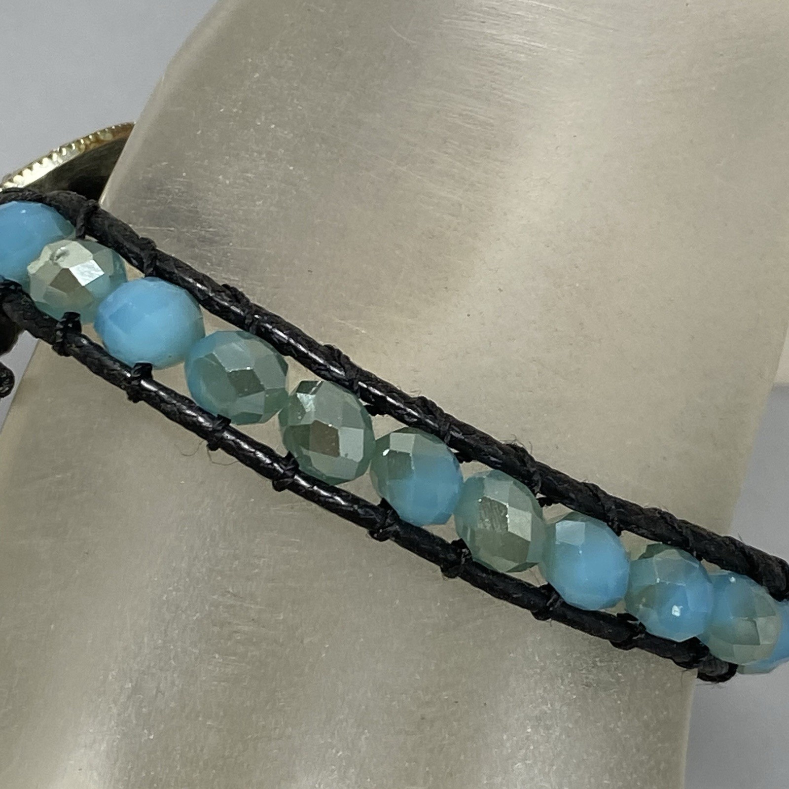 Glass Bead Bracelet Faux Leather Cord Blue Surface Coated Western Button Feather