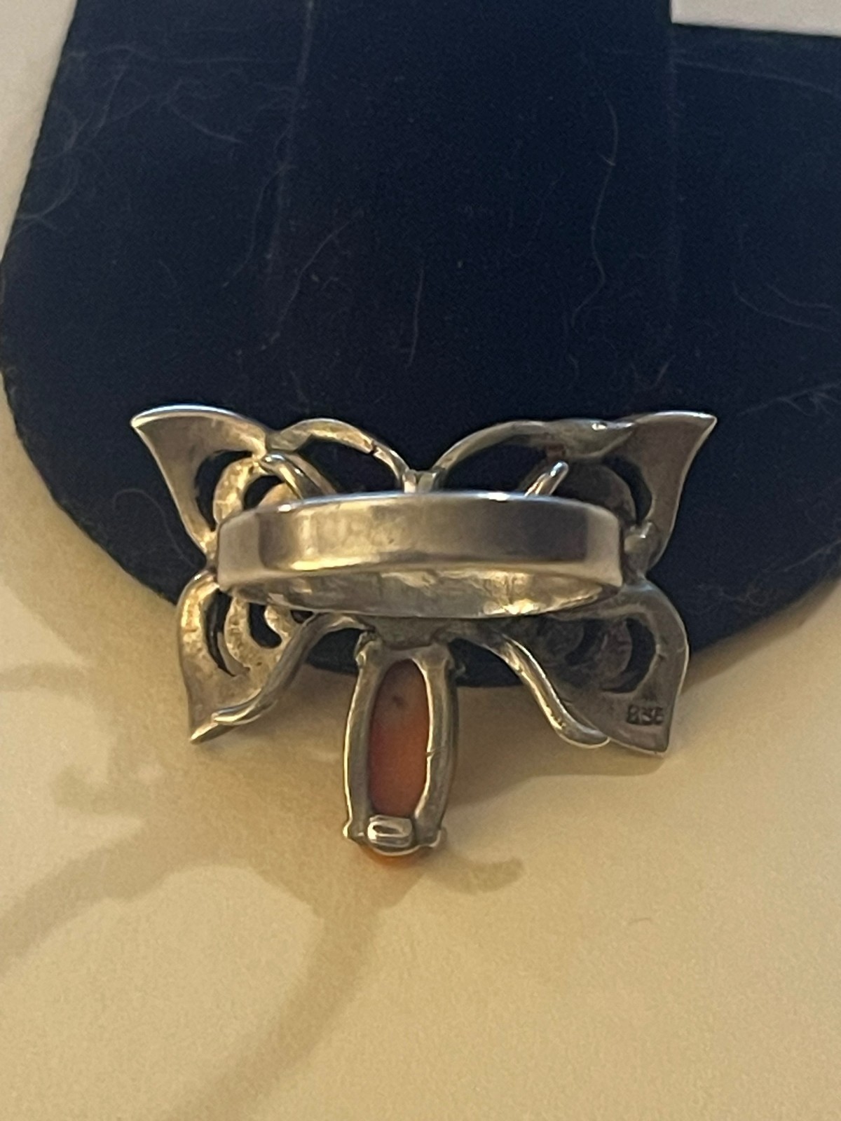 Antique LOVELY S/S Marcasite Coral Butterfly Ring Size 7 (8.1gr) Unusual AS-IS