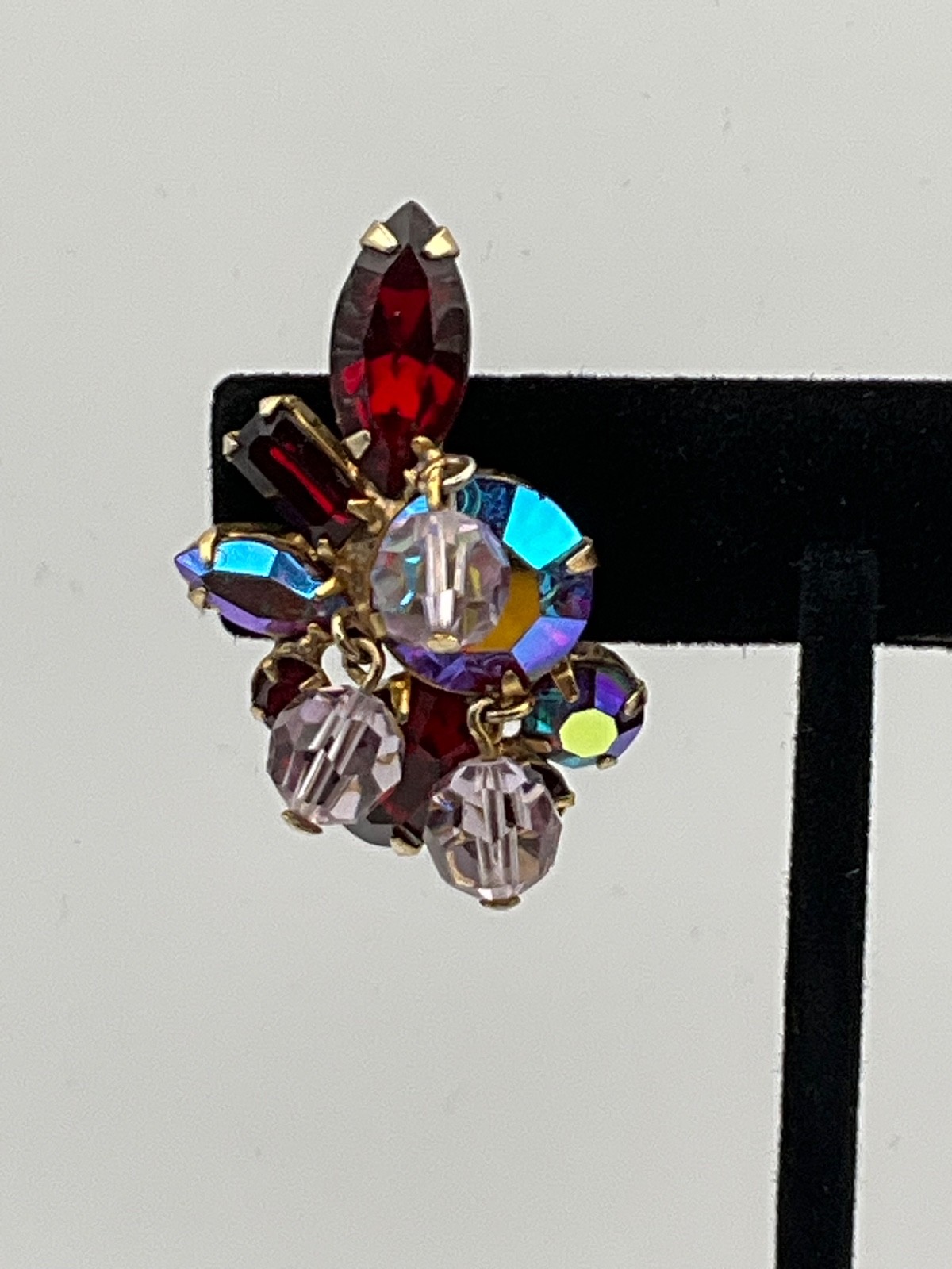 Signed Kramer Ruby Red AB Rhinestone Dangle Clip On Earrings VTG