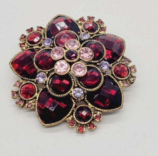 Flower Brooch Pin PURPLE pink Red Gold tone 1.75 in 3D Art Deco Vintage