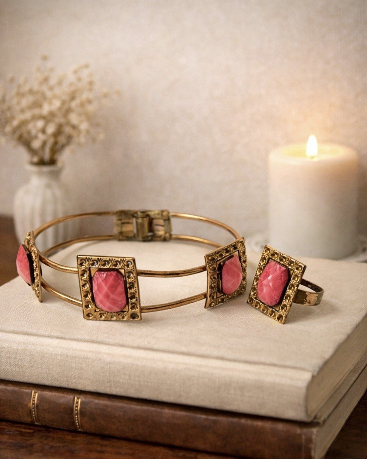 Vtg Brass Tone Cuff Bracelet Pink Jewels & Matching Adjustable Ring