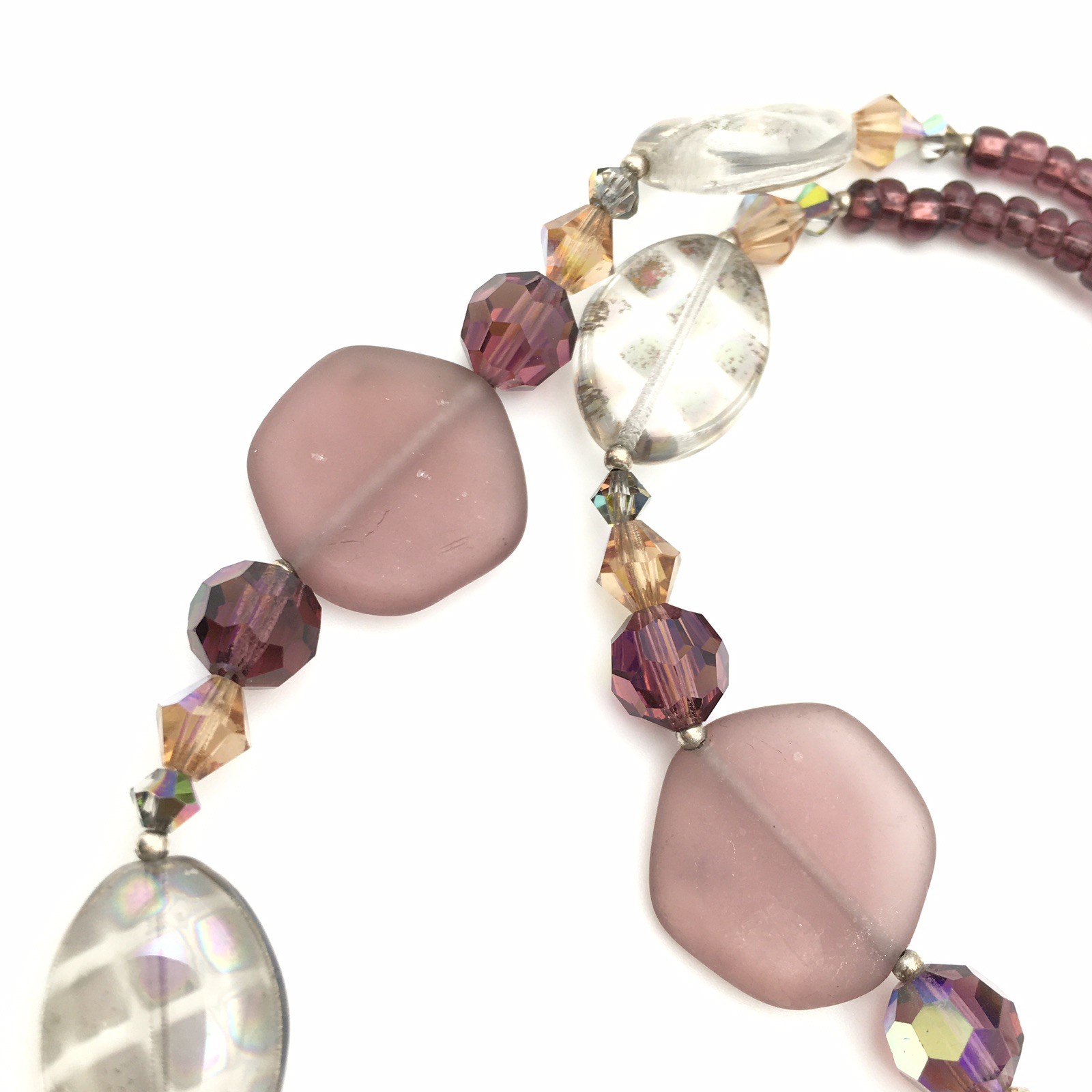 Mauve Frosted Glass Bead & Sterling Silver Necklace 15-17” 925 #23
