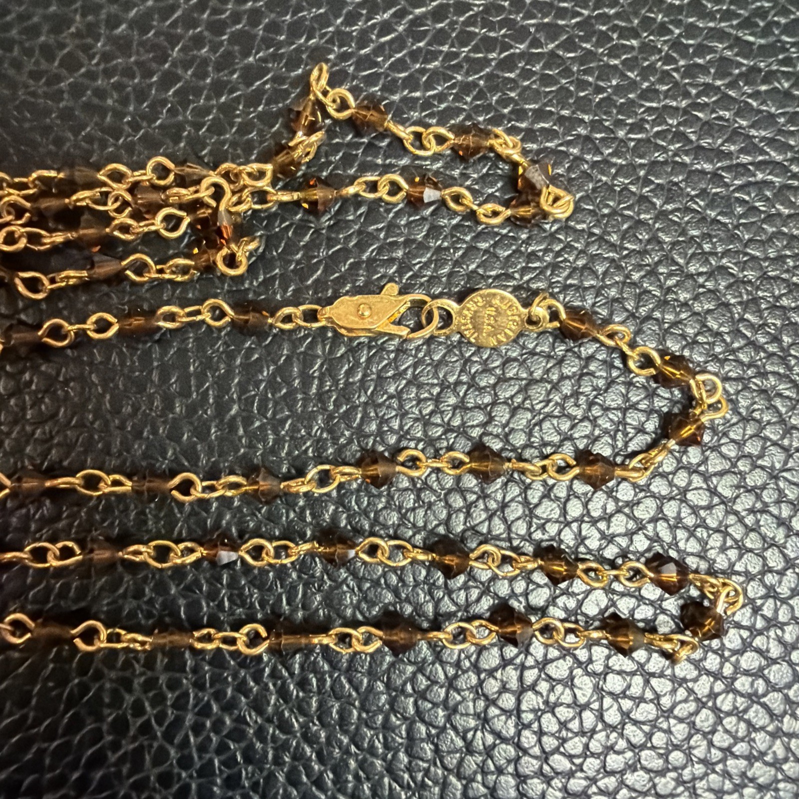 Vintage AUSTRIAN CRYSTAL USA – Gold tone Amber-Brown Color Crystals 35” Neck