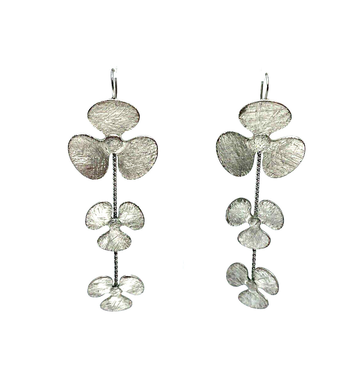 Modernist Brushed Silver Poppy Flower Illusion Dangle Earrings Statement