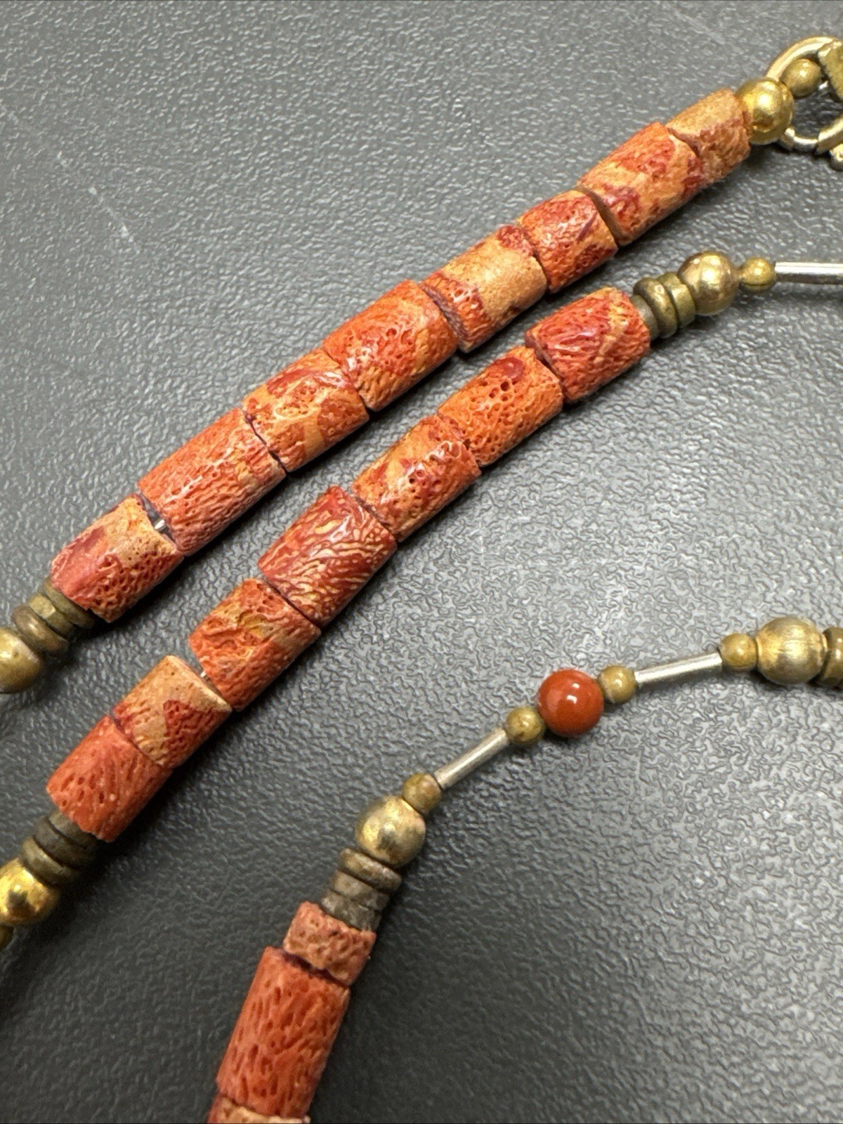 Vintage Natural Red Coral Red / Orange Hue Barrel Shape Gold Spacers 30”Necklace