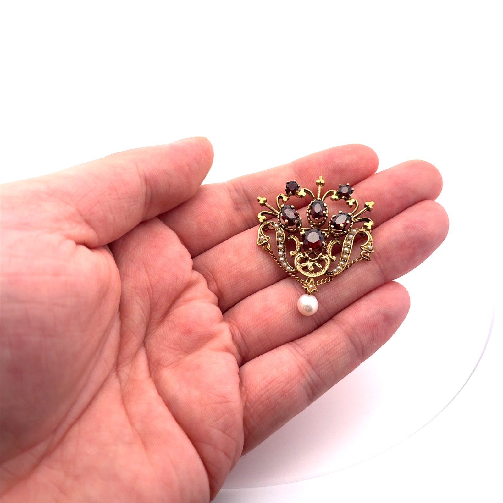Antique 14k Stamped Yellow Gold Garnet & Pearl Brooch Pin