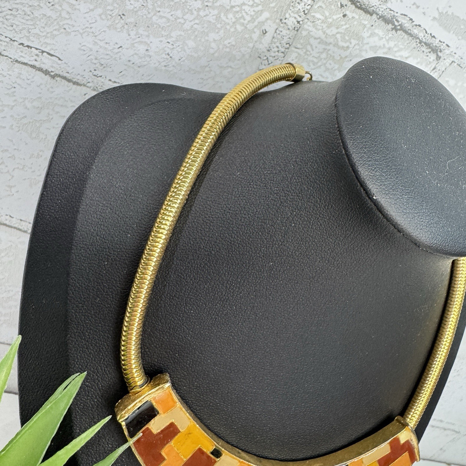 Vintage Neutral Tone Mosaic Enamel Gold Tone Necklace Tan Brown Yellow Orange