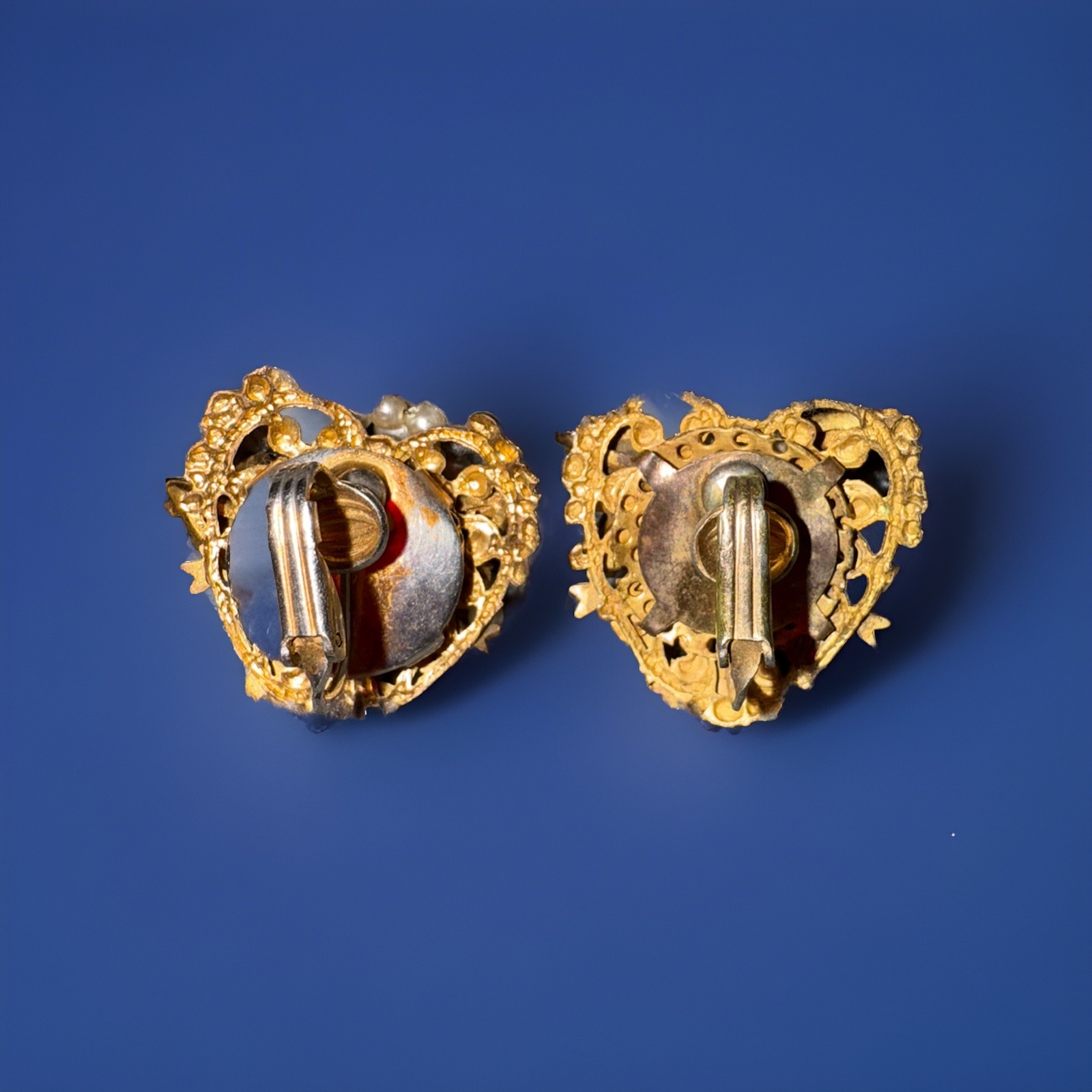 Vintage Earrings Clip Gold-Tone White Pink Purple Flowers (a Few Stones Missing)