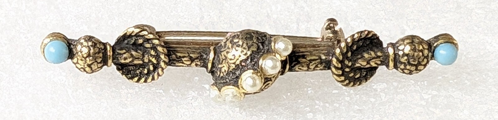 Vintage Etruscan Revival Seed Faux Pearls & Tiny Blue Cabs Bar style Brooch