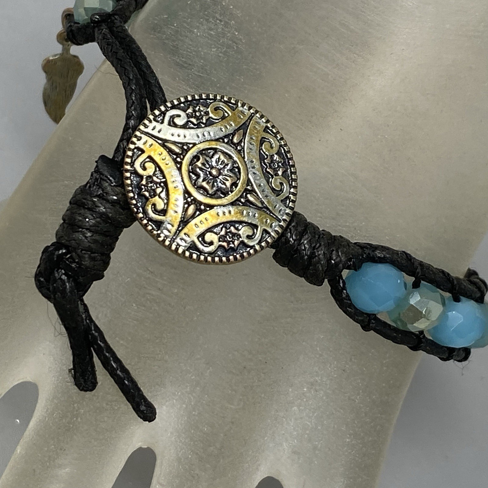 Glass Bead Bracelet Faux Leather Cord Blue Surface Coated Western Button Feather