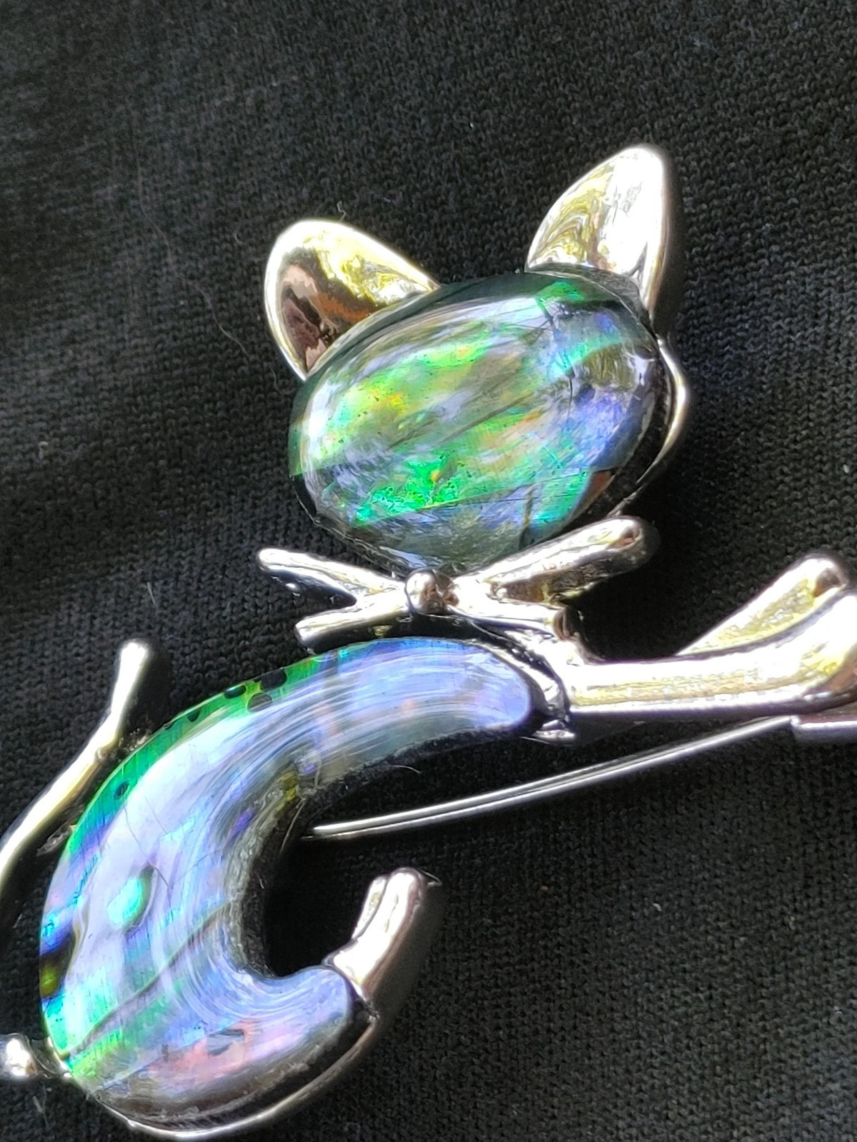 2 Pc. Lot Of Whimsical Retro Cat Brooches Faux Abalone Silver Tone 2″