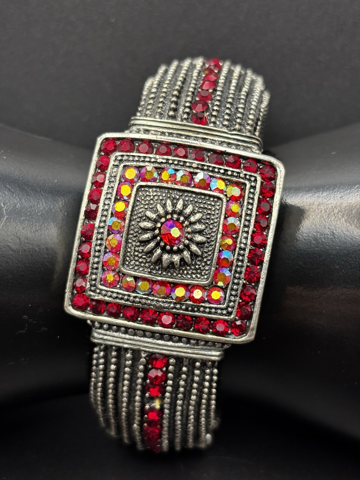 Ruby red and iridescent Aurora Borealis rhinestones Hinged Bracelet