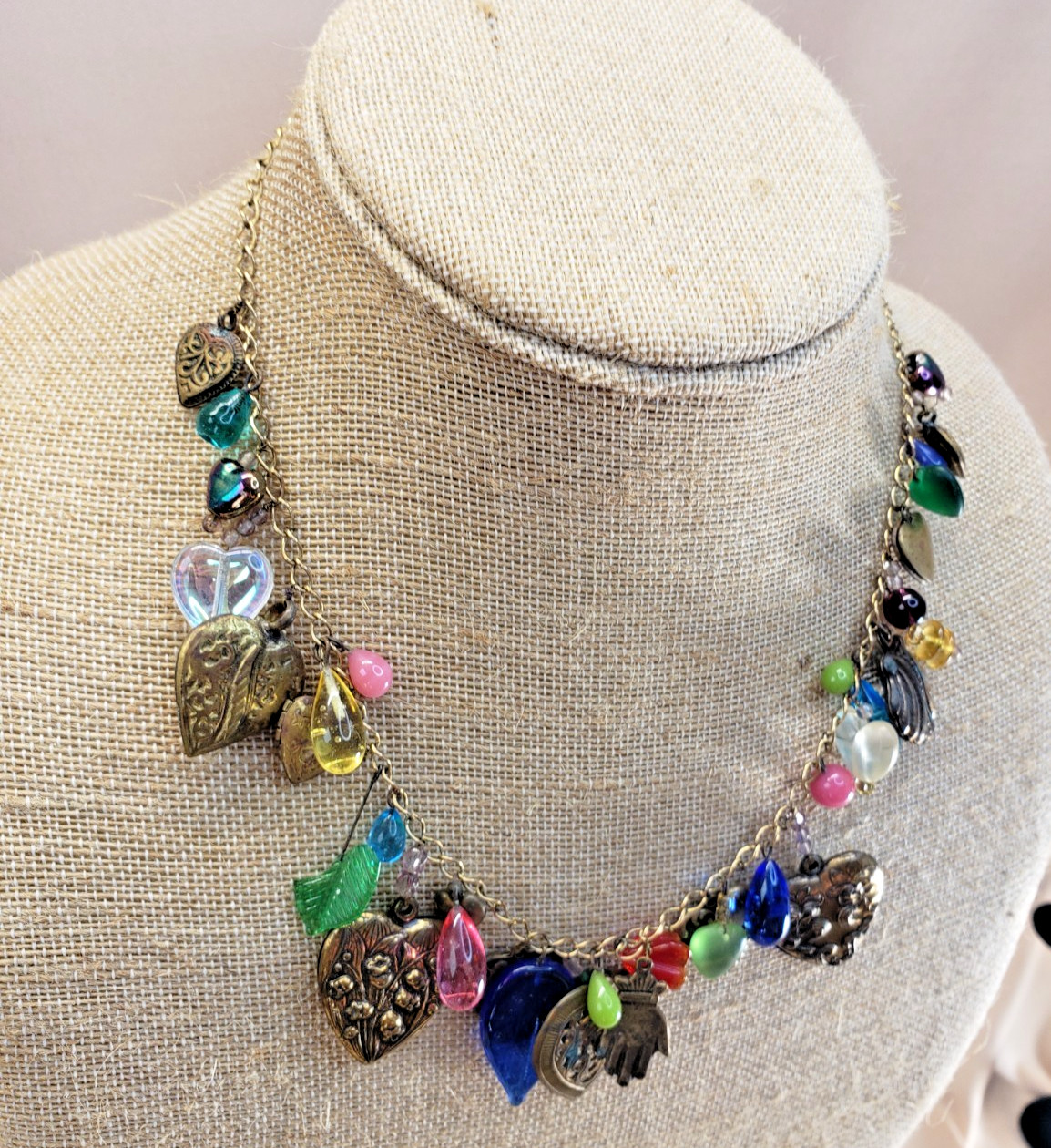Vintage Ornate Hearts and Glass Charms Necklace Glass Works Studio Style AS IS