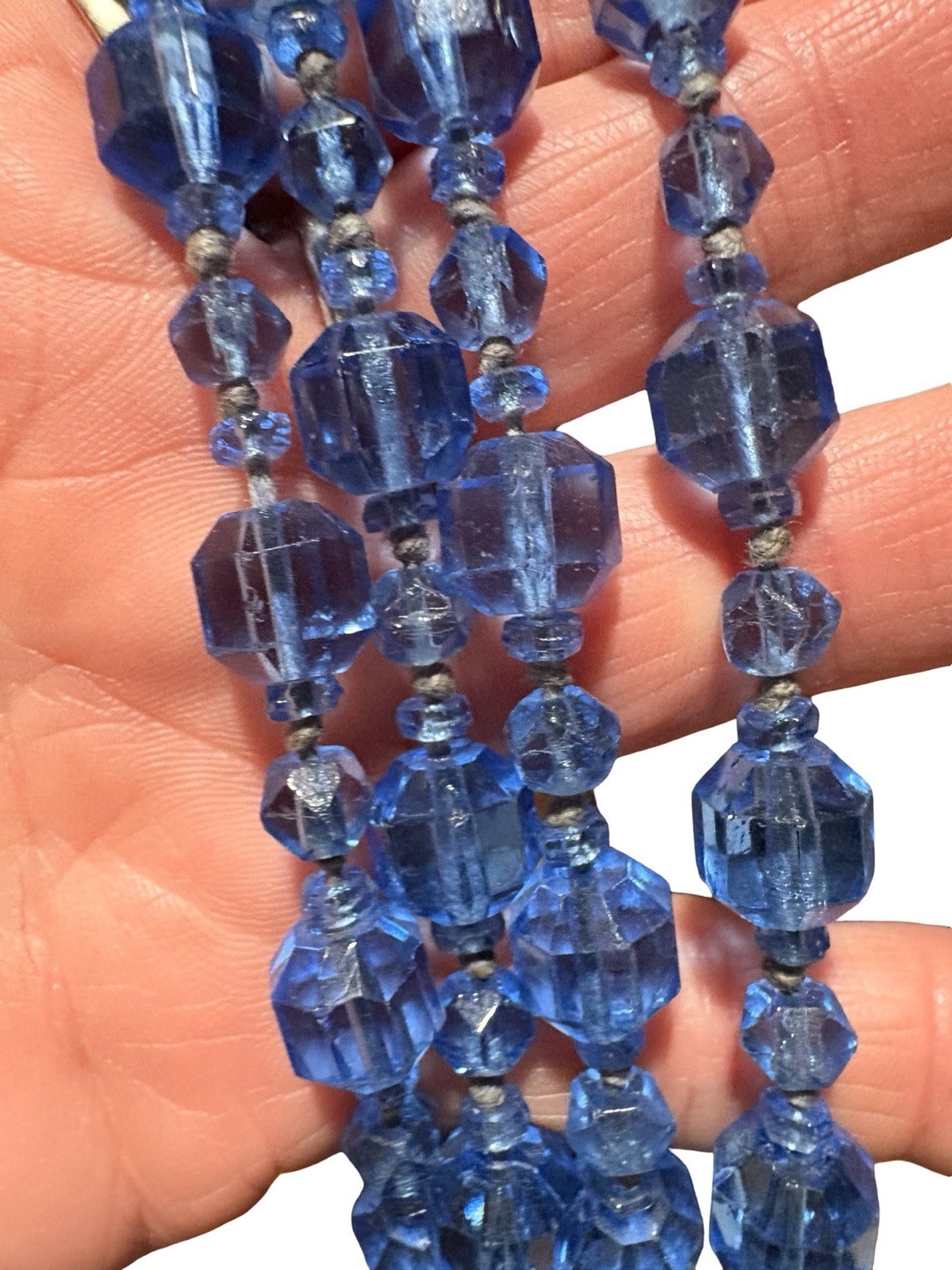 Antique 1920s Flapper Czech Glass Long Necklace Ceylon Sapphire Blue Beads 64”