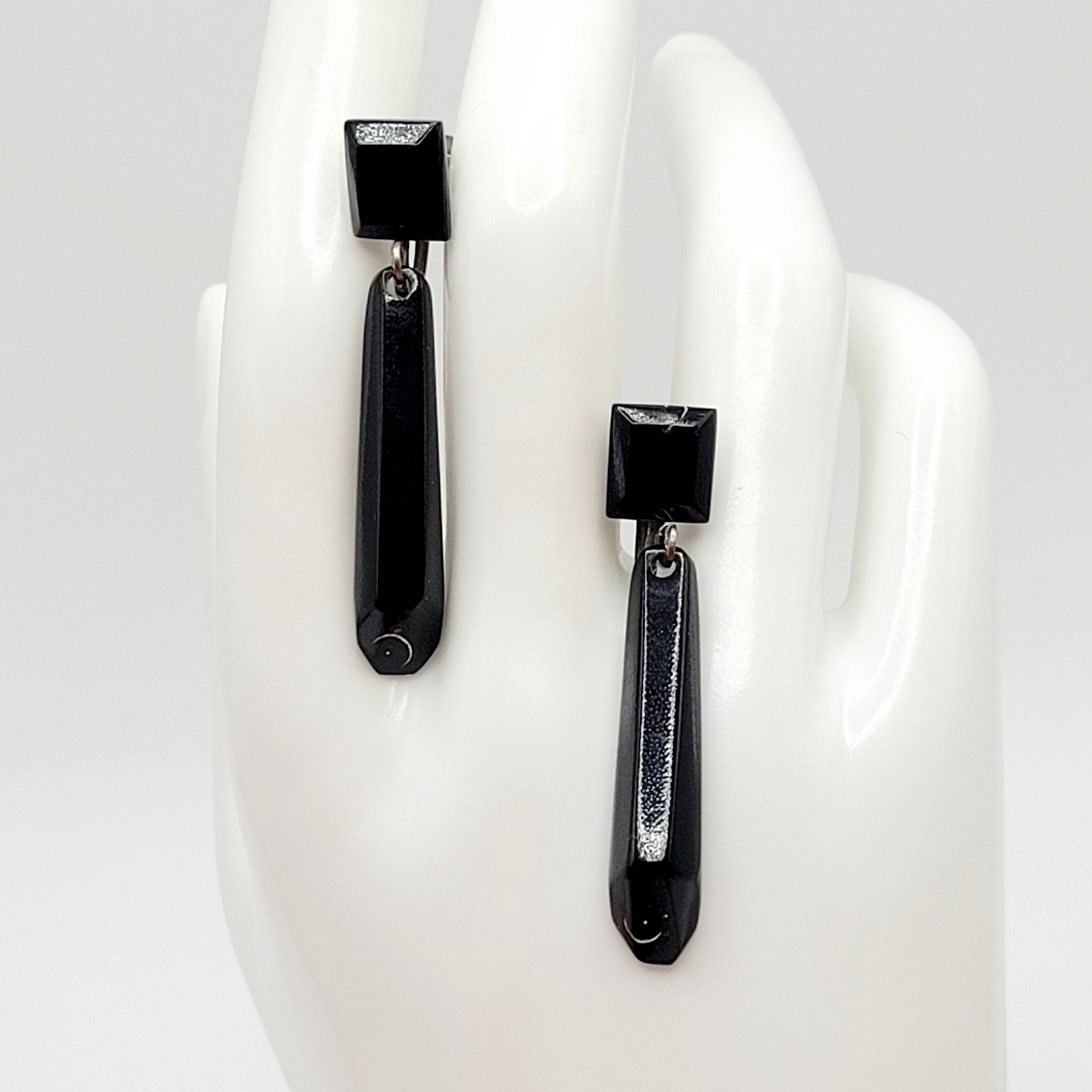 Hawaiian Natural Black Coral Vintage Screw Back Art Deco Style Dangle Earrings