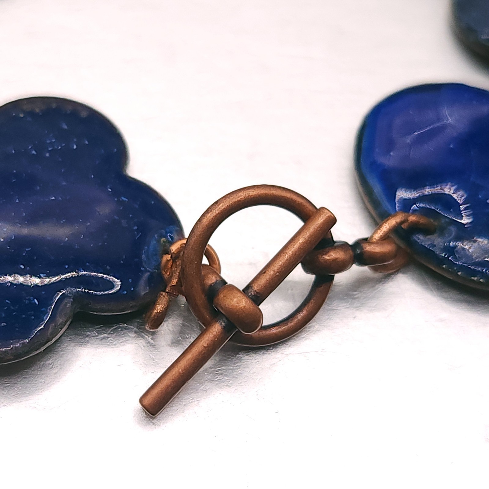 Vintage Solid Copper South Western Blue Enamel Wide Link Bracelet 7.5″