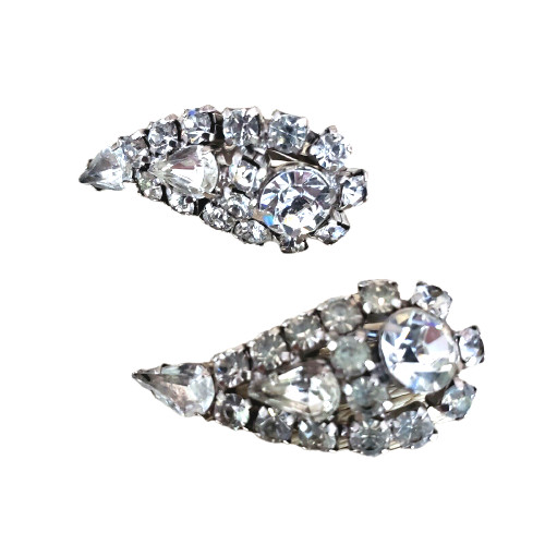 La Roco LaRoco Clear Rhinestone Clip Icy Earrings Paisley Teardrop Signed VTG