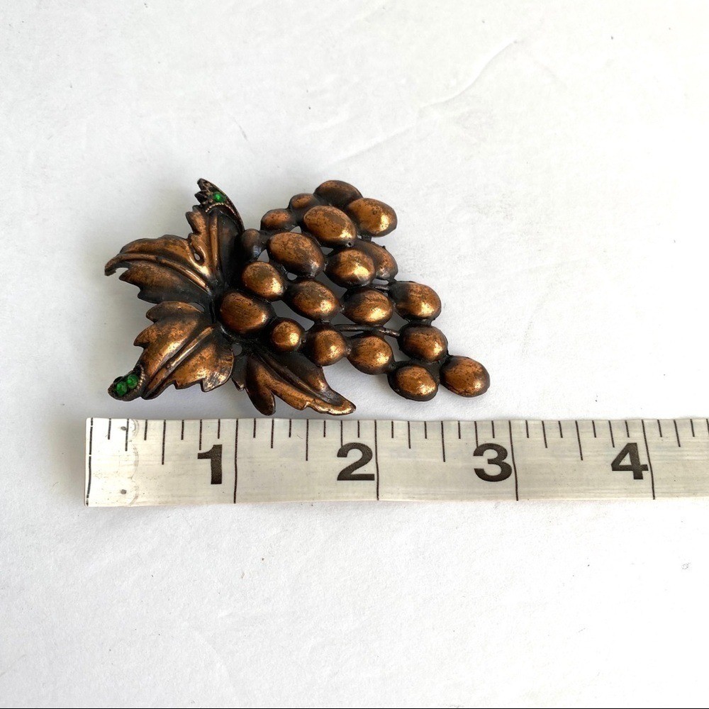 Vintage Grape Cluster Copper Brooch Green Stones