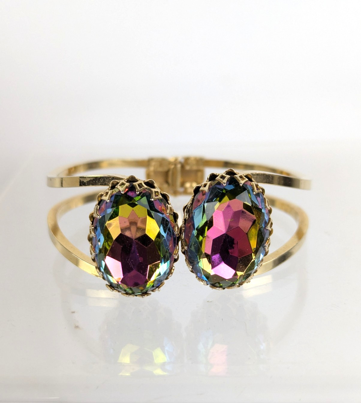 Estate Vintage Large Watermelon Heliotrope Crystals Clamper Bracelet Unsigned