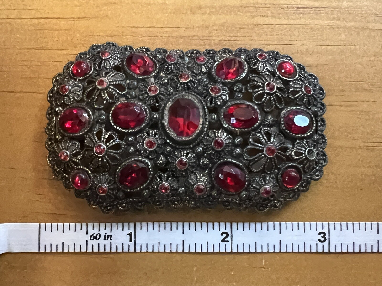 Vintage Signed NE New England Glass Works Rectangular Brooch Red Stone Floral